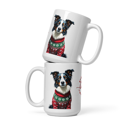 Border Collie Wearing Ugly Christmas Sweater Glossy White Mug