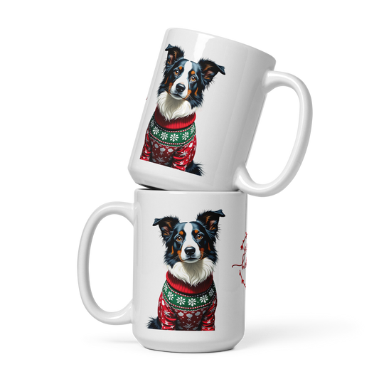 Border Collie Wearing Ugly Christmas Sweater Glossy White Mug