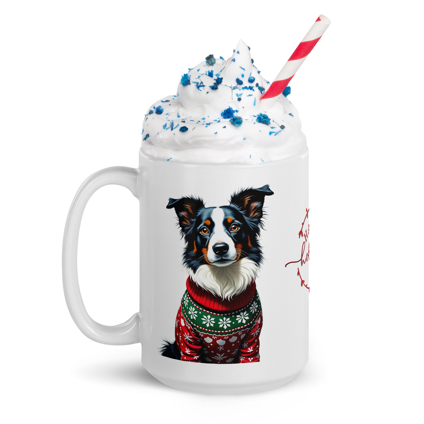 Border Collie Wearing Ugly Christmas Sweater Glossy White Mug