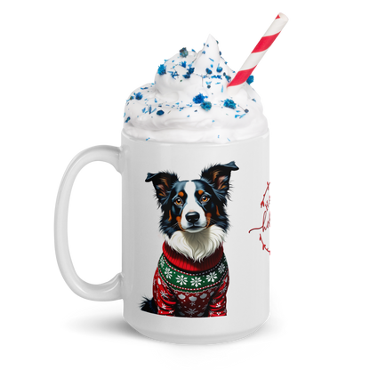 Border Collie Wearing Ugly Christmas Sweater Glossy White Mug