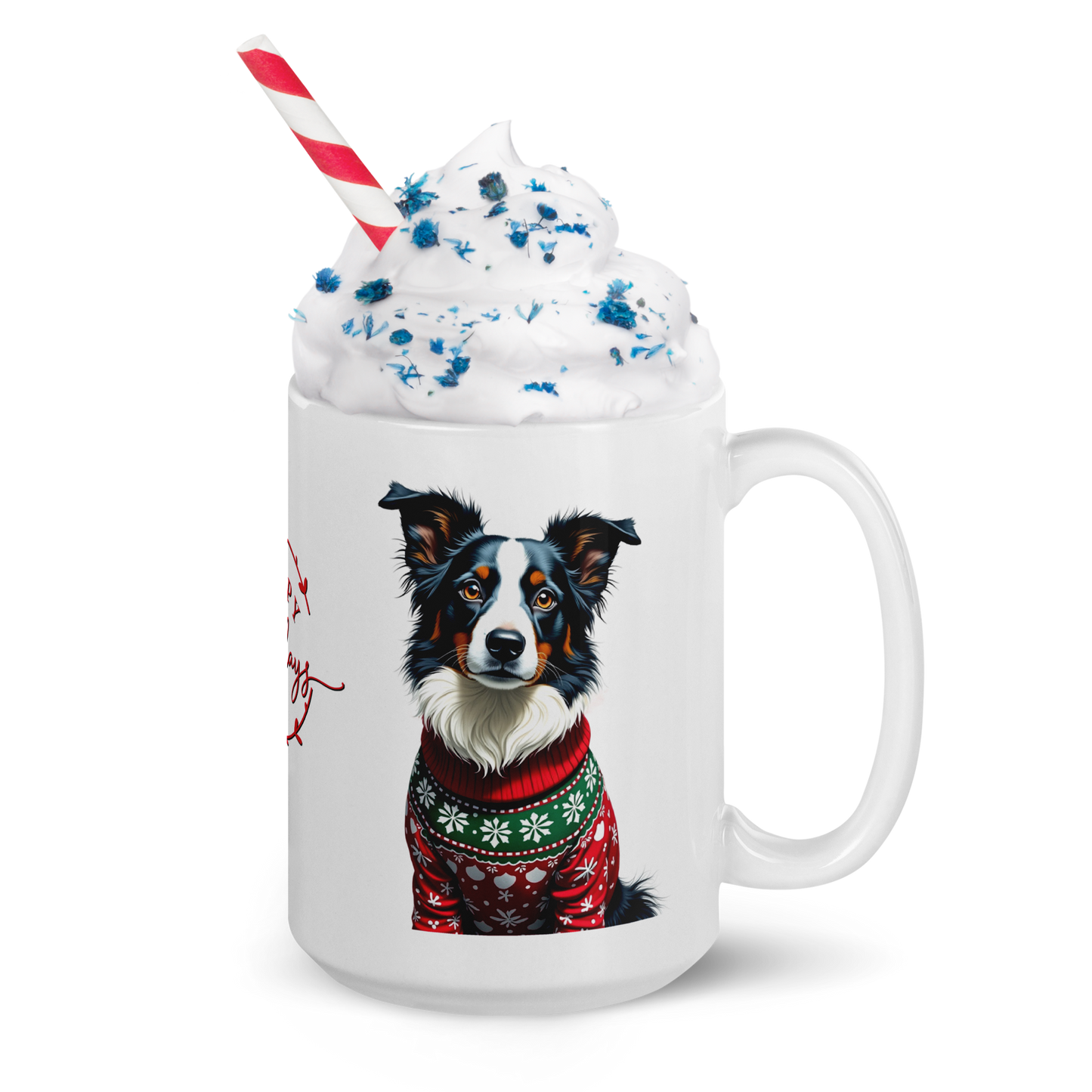 Border Collie Wearing Ugly Christmas Sweater Glossy White Mug