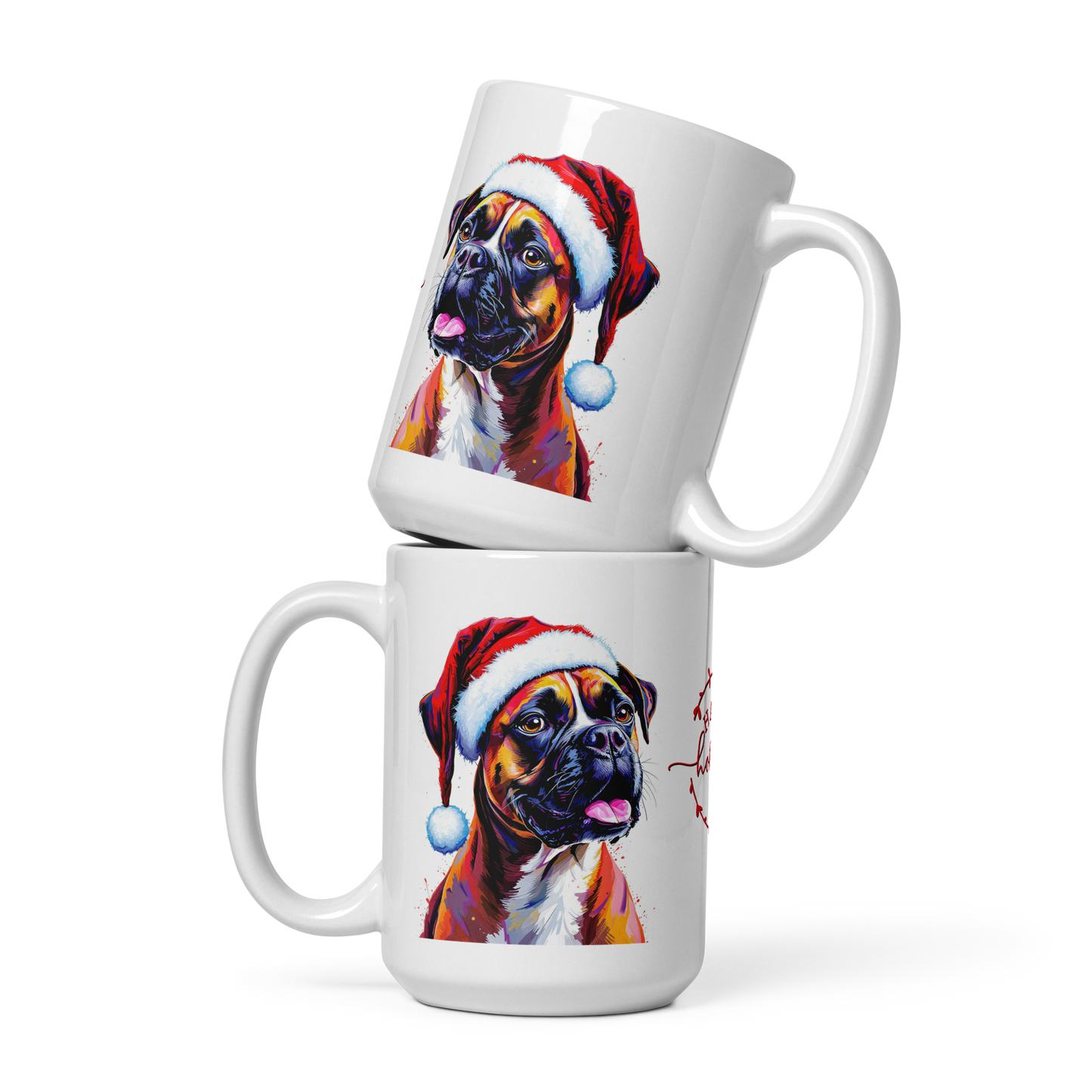 Boxer Wearing Red Santa Hat Glossy White Mug