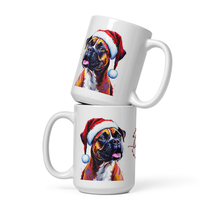 Boxer Wearing Red Santa Hat Glossy White Mug