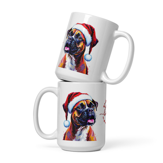 Boxer Wearing Red Santa Hat Glossy White Mug