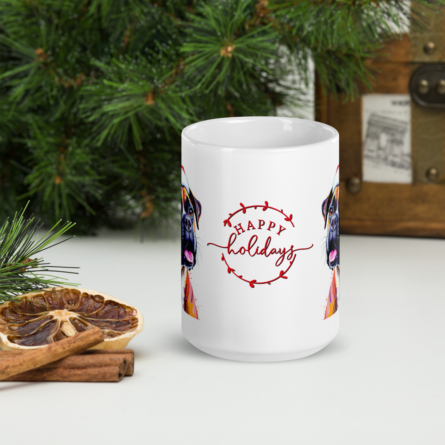 Boxer Wearing Red Santa Hat Glossy White Mug