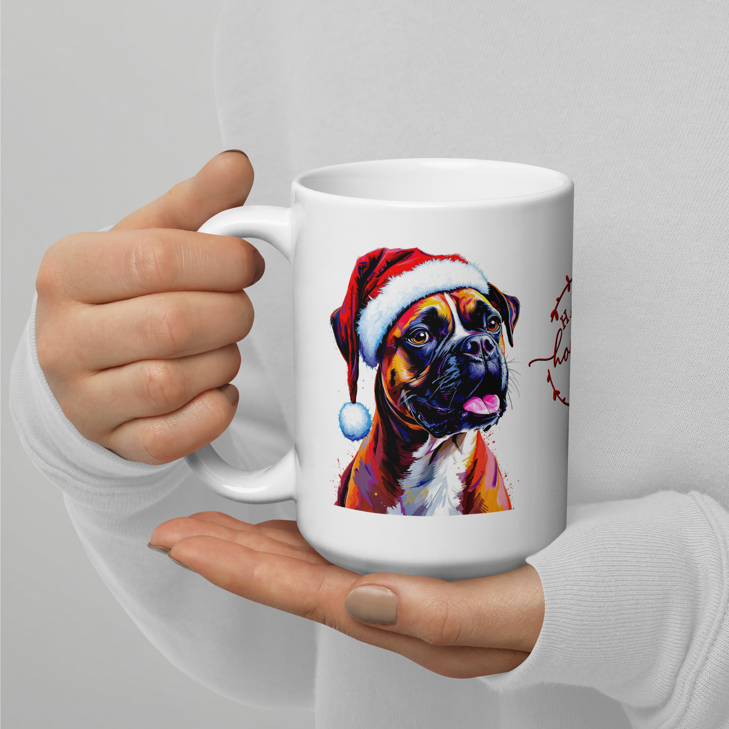 Boxer Wearing Red Santa Hat Glossy White Mug