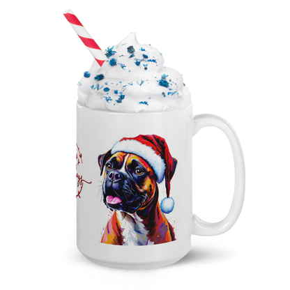 Boxer Wearing Red Santa Hat Glossy White Mug