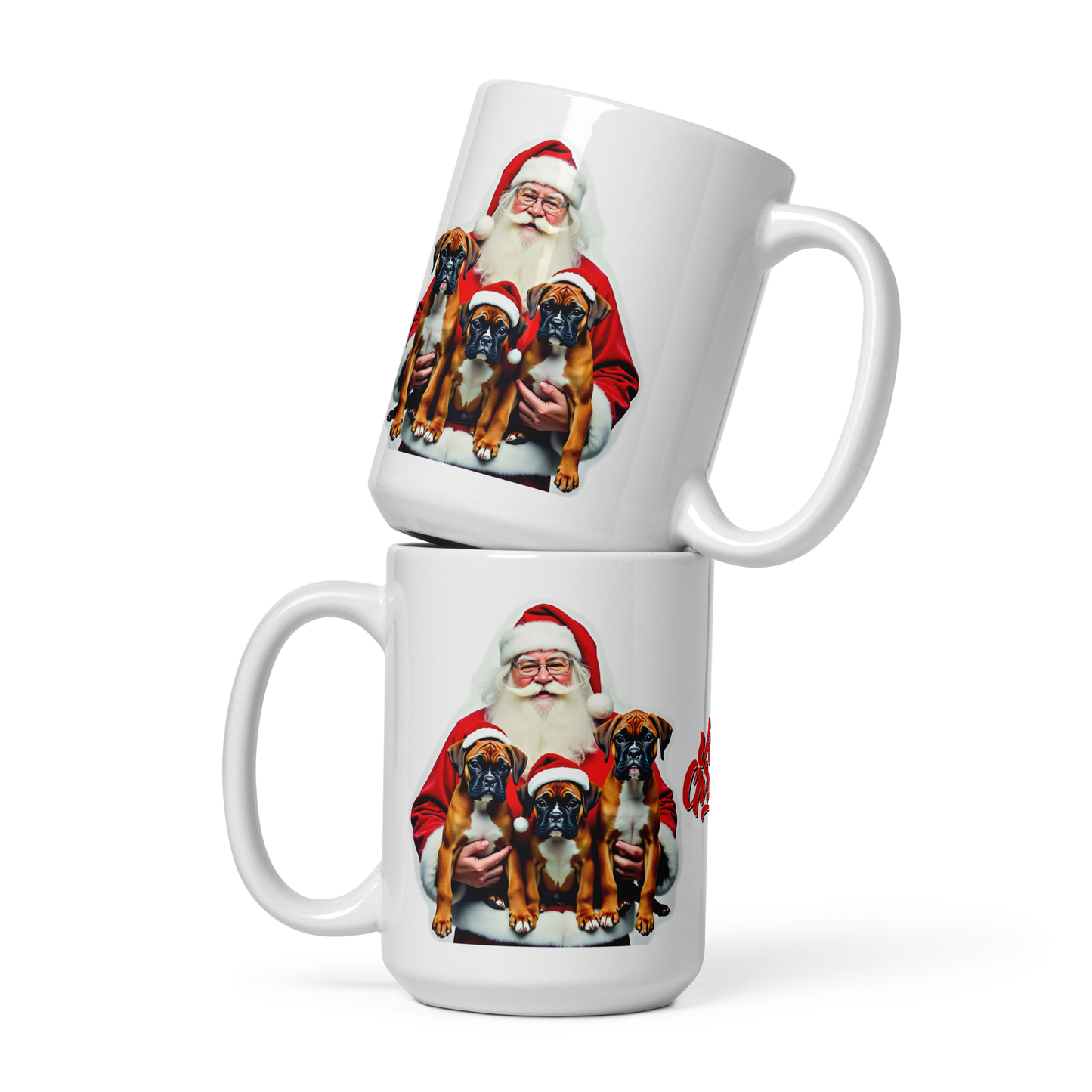 Boxer Puppies with Santa Claus Glossy White Mug