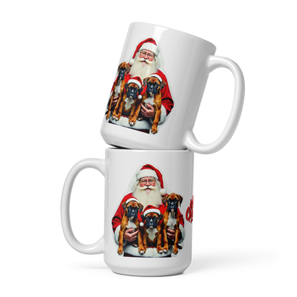 Boxer Puppies with Santa Claus Glossy White Mug