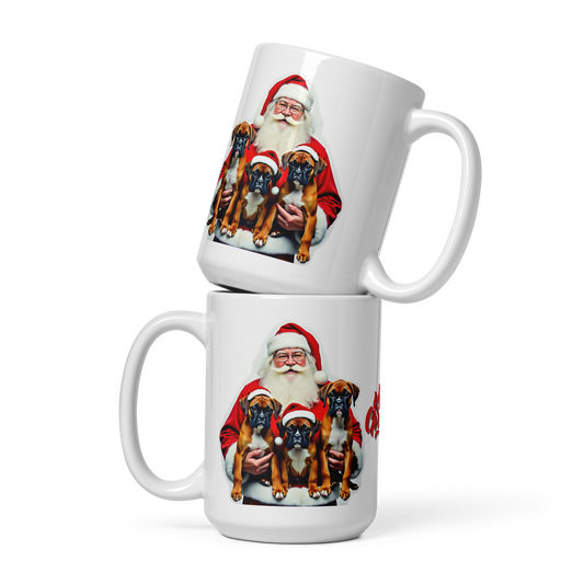 Boxer Puppies with Santa Claus Glossy White Mug