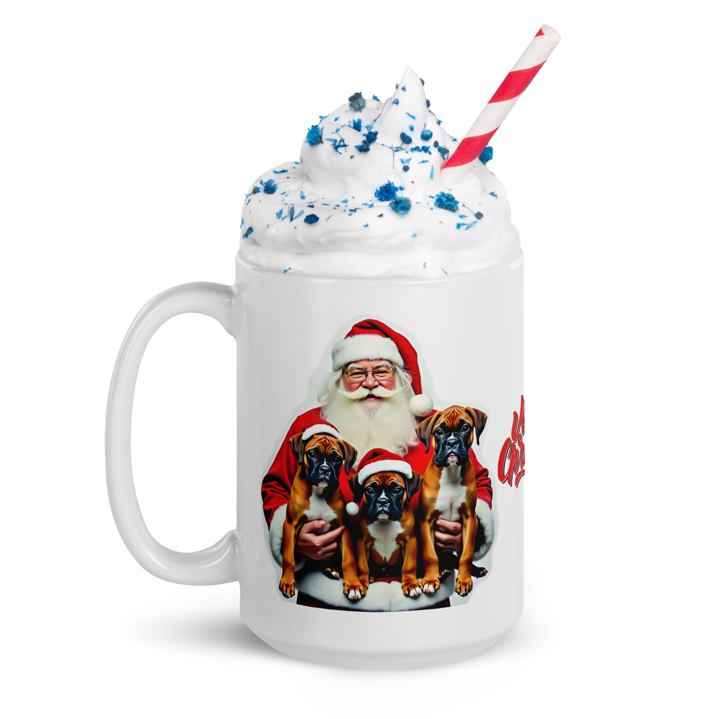 Boxer Puppies with Santa Claus Glossy White Mug