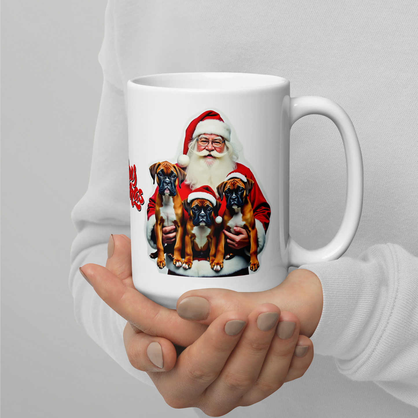 Boxer Puppies with Santa Claus Glossy White Mug