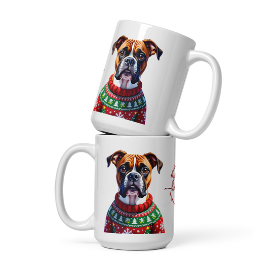 Boxer Wearing Ugly Christmas Sweater Glossy White Mug