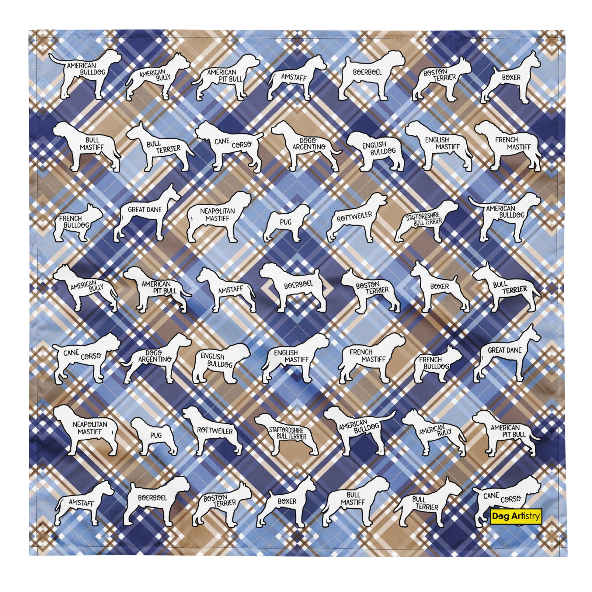 Bully breed dogs blue and brown plaid bandana by Dog Artistry. 