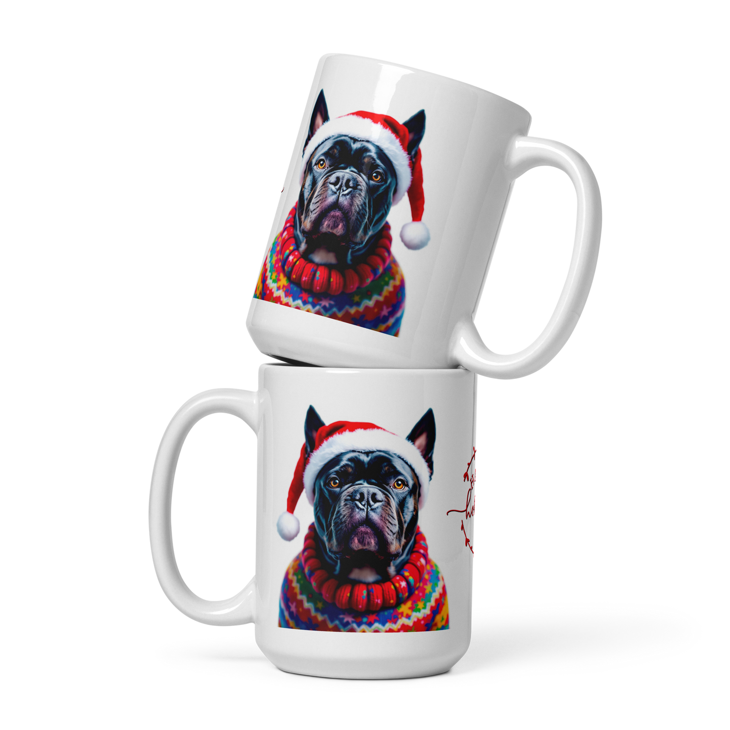 Cane Corso Wearing Ugly Christmas Sweater and Santa Hat Glossy White Mug