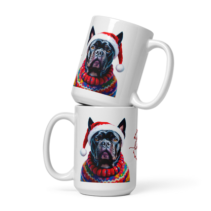 Cane Corso Wearing Ugly Christmas Sweater and Santa Hat Glossy White Mug