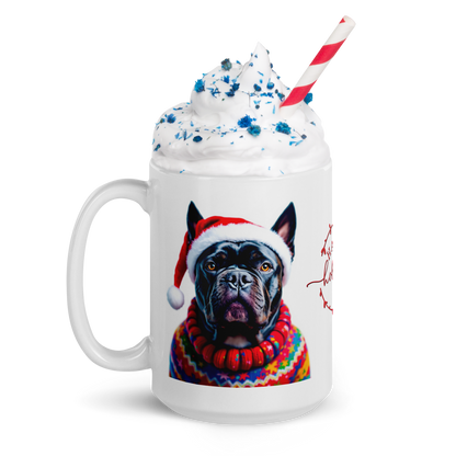 Cane Corso Wearing Ugly Christmas Sweater and Santa Hat Glossy White Mug