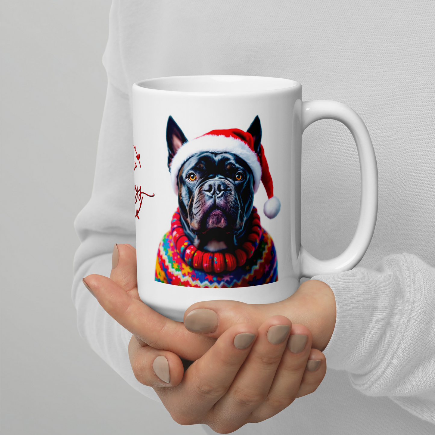 Cane Corso Wearing Ugly Christmas Sweater and Santa Hat Glossy White Mug