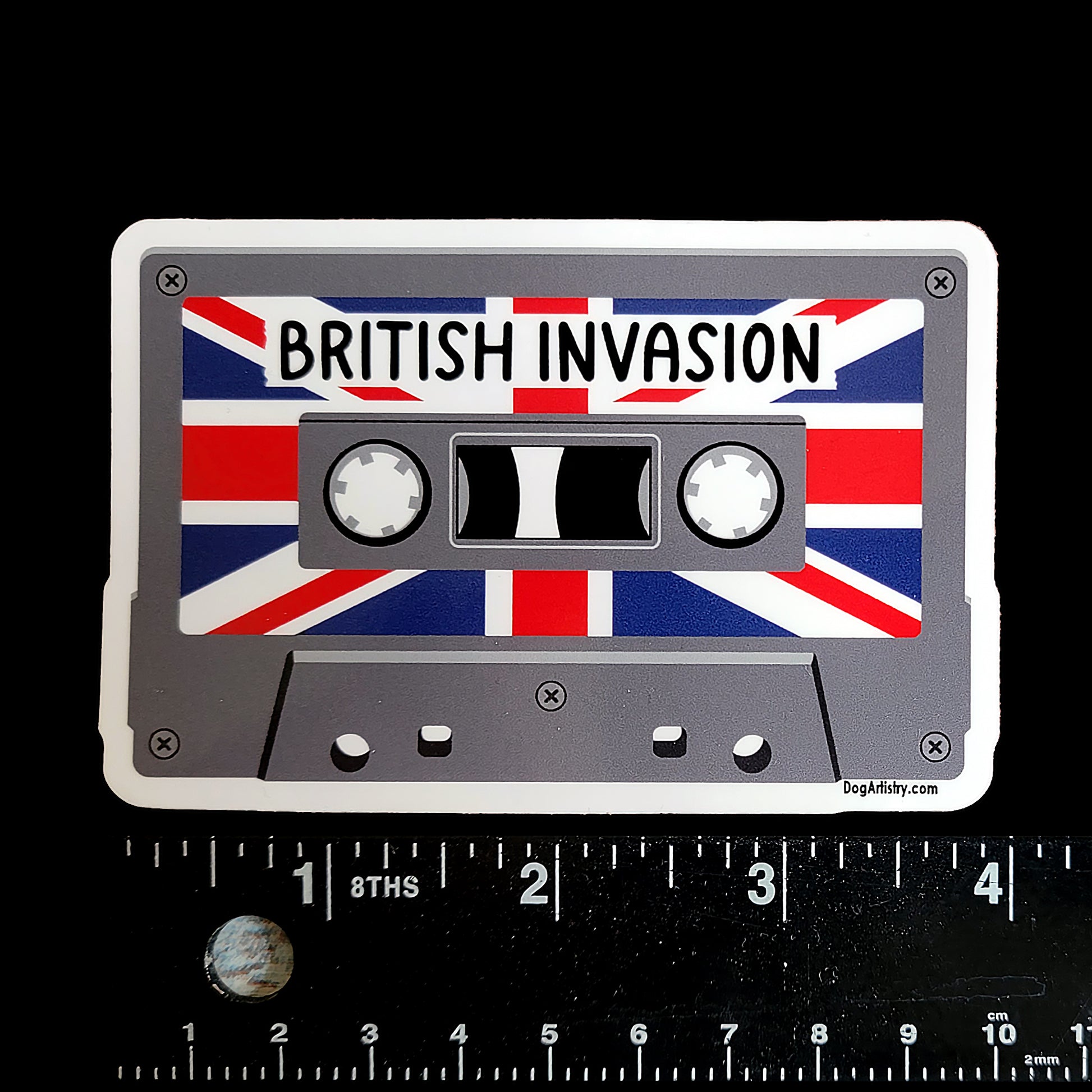 British Invasion cassette tape die-cut vinyl sticker with Union Jack flag by Dog Artistry.