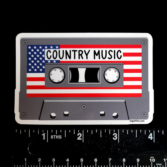 Country Music cassette tape die-cut vinyl sticker with American flag by Dog Artistry.