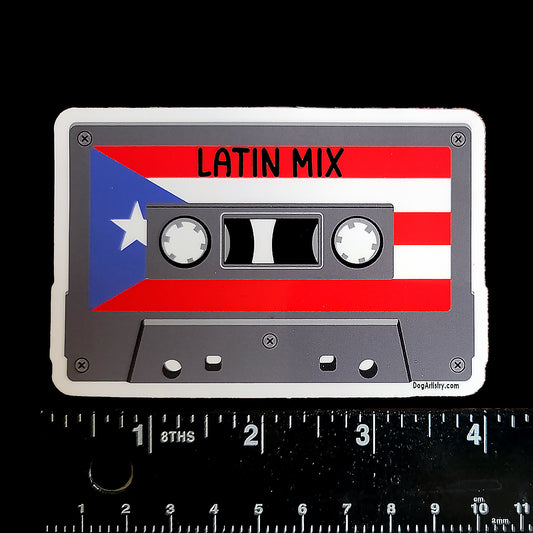 Latin Mix cassette music with Puerto Rican flag die-cut vinyl sticker by Dog Artistry.