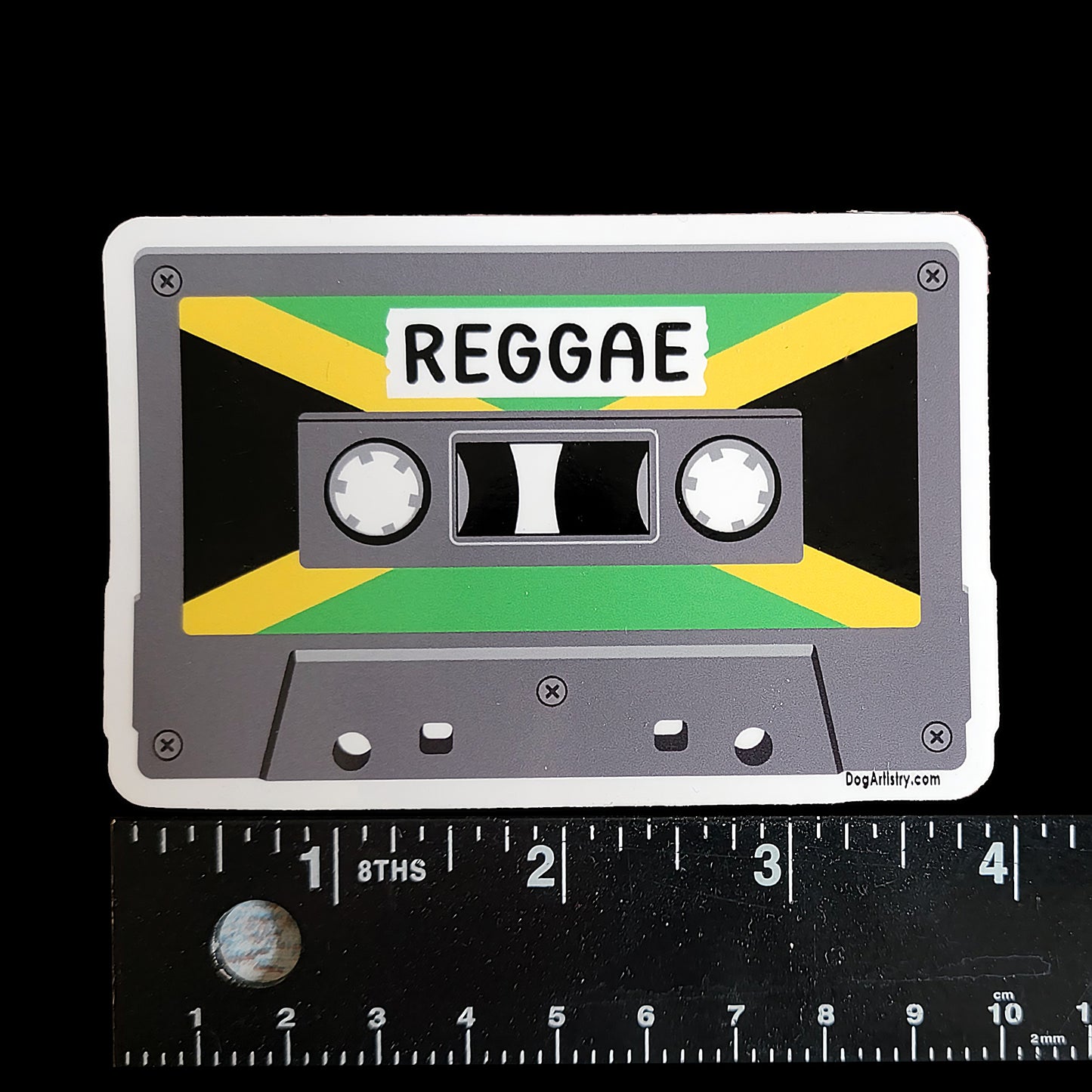 Reggae music cassette tape with Jamaican flag die-cut vinyl sticker by Dog Artistry.