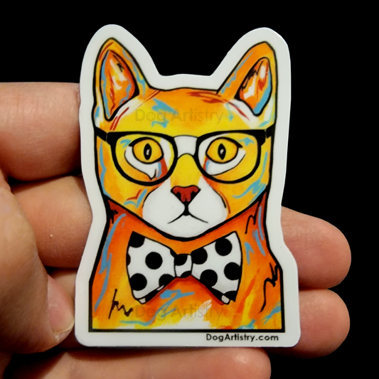 Dog Artistry Cat Die-Cut Vinyl Sticker. Cat wearing glasses and bow tie.