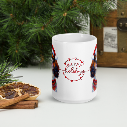 Cavalier King Charles Spaniel Wearing Ugly Christmas Sweater and Santa Hat Glossy White Mug