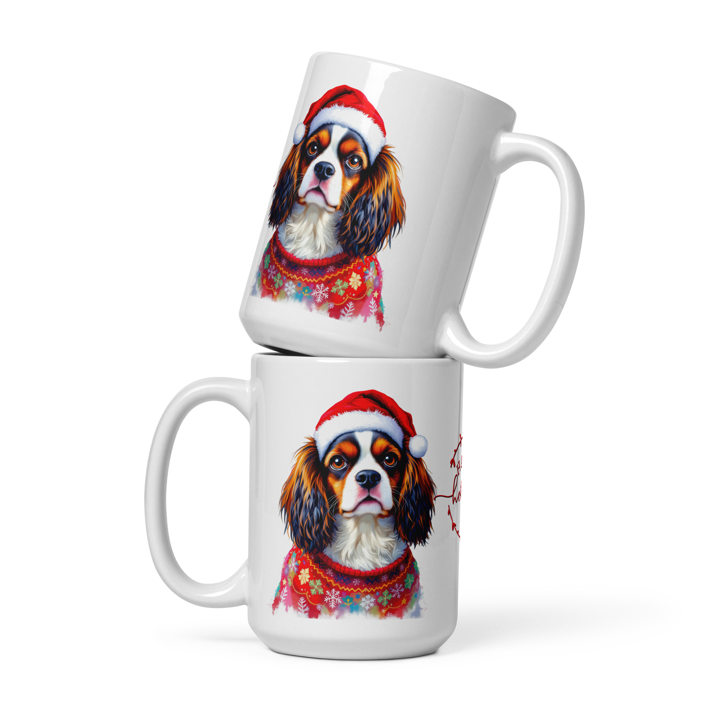 Cavalier King Charles Spaniel Wearing Ugly Christmas Sweater and Santa Hat Glossy White Mug