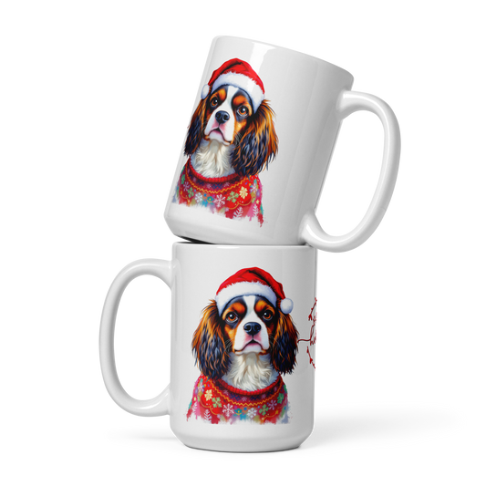 Cavalier King Charles Spaniel Wearing Ugly Christmas Sweater and Santa Hat Glossy White Mug