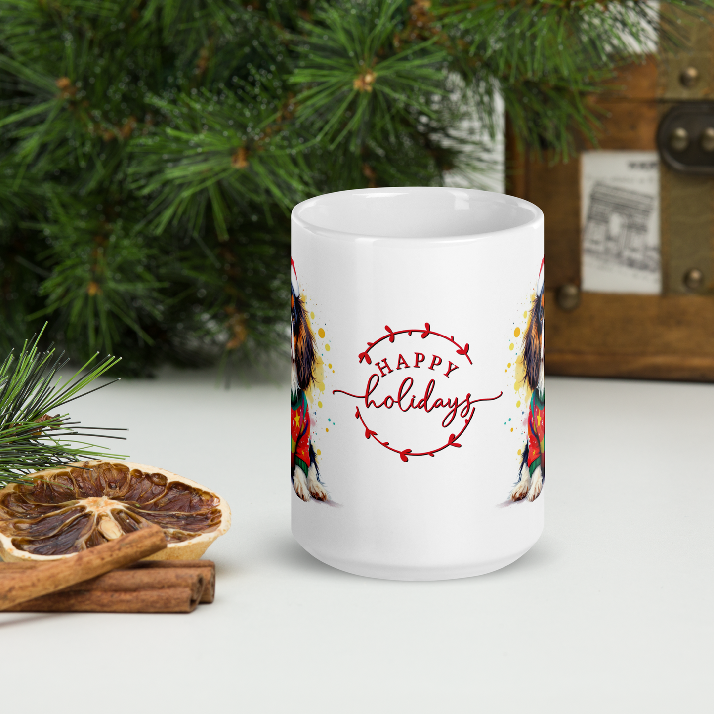 Cavalier King Charles Spaniel Puppy Wearing Ugly Christmas Sweater and Santa Hat Glossy White Mug