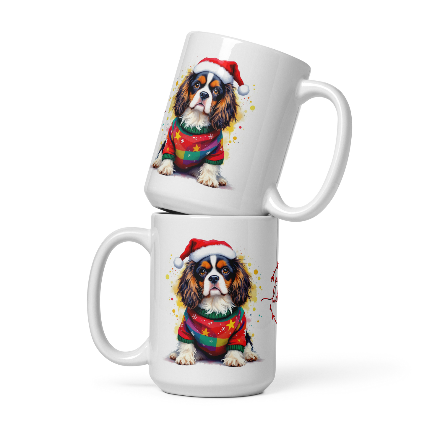 Cavalier King Charles Spaniel Puppy Wearing Ugly Christmas Sweater and Santa Hat Glossy White Mug