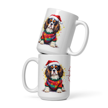 Cavalier King Charles Spaniel Puppy Wearing Ugly Christmas Sweater and Santa Hat Glossy White Mug