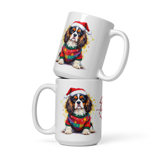 Cavalier King Charles Spaniel Puppy Wearing Ugly Christmas Sweater and Santa Hat Glossy White Mug