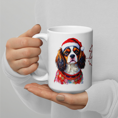 Cavalier King Charles Spaniel Wearing Ugly Christmas Sweater and Santa Hat Glossy White Mug