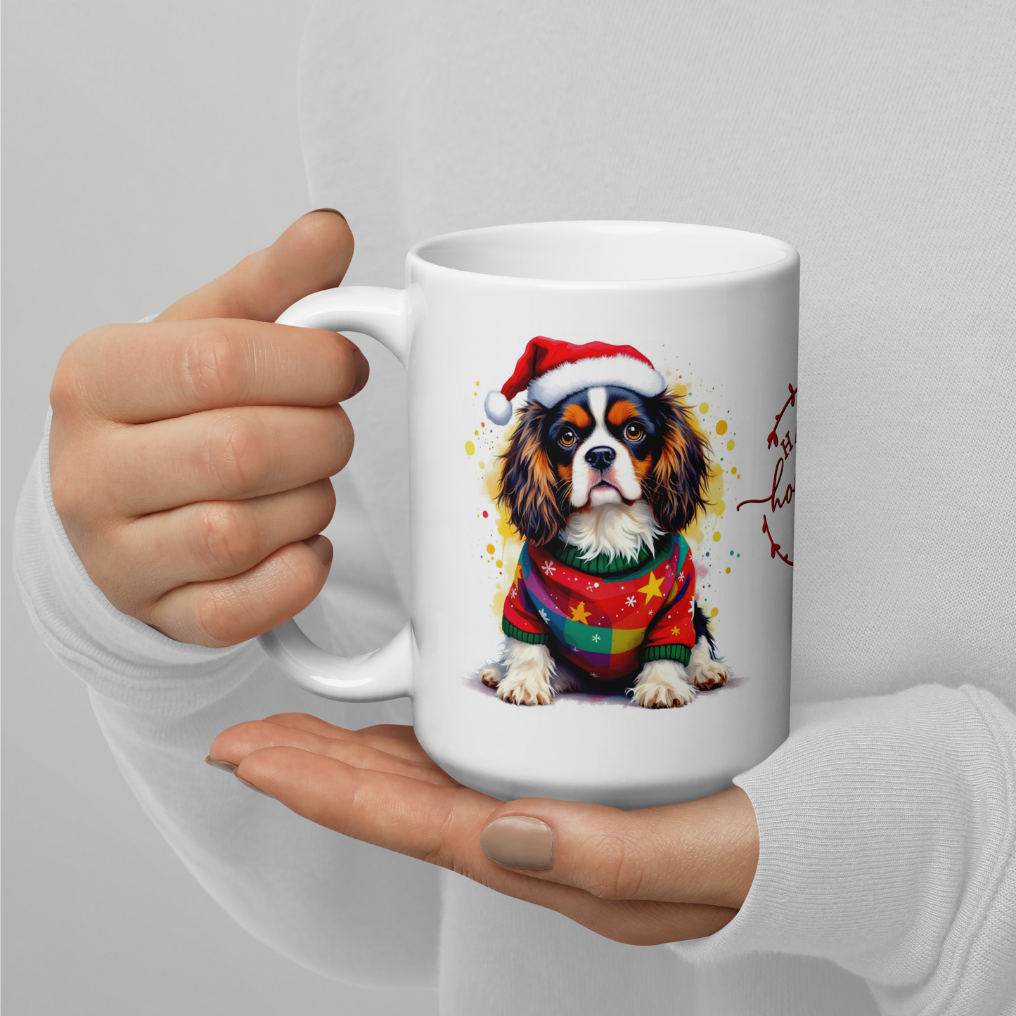 Cavalier King Charles Spaniel Puppy Wearing Ugly Christmas Sweater and Santa Hat Glossy White Mug