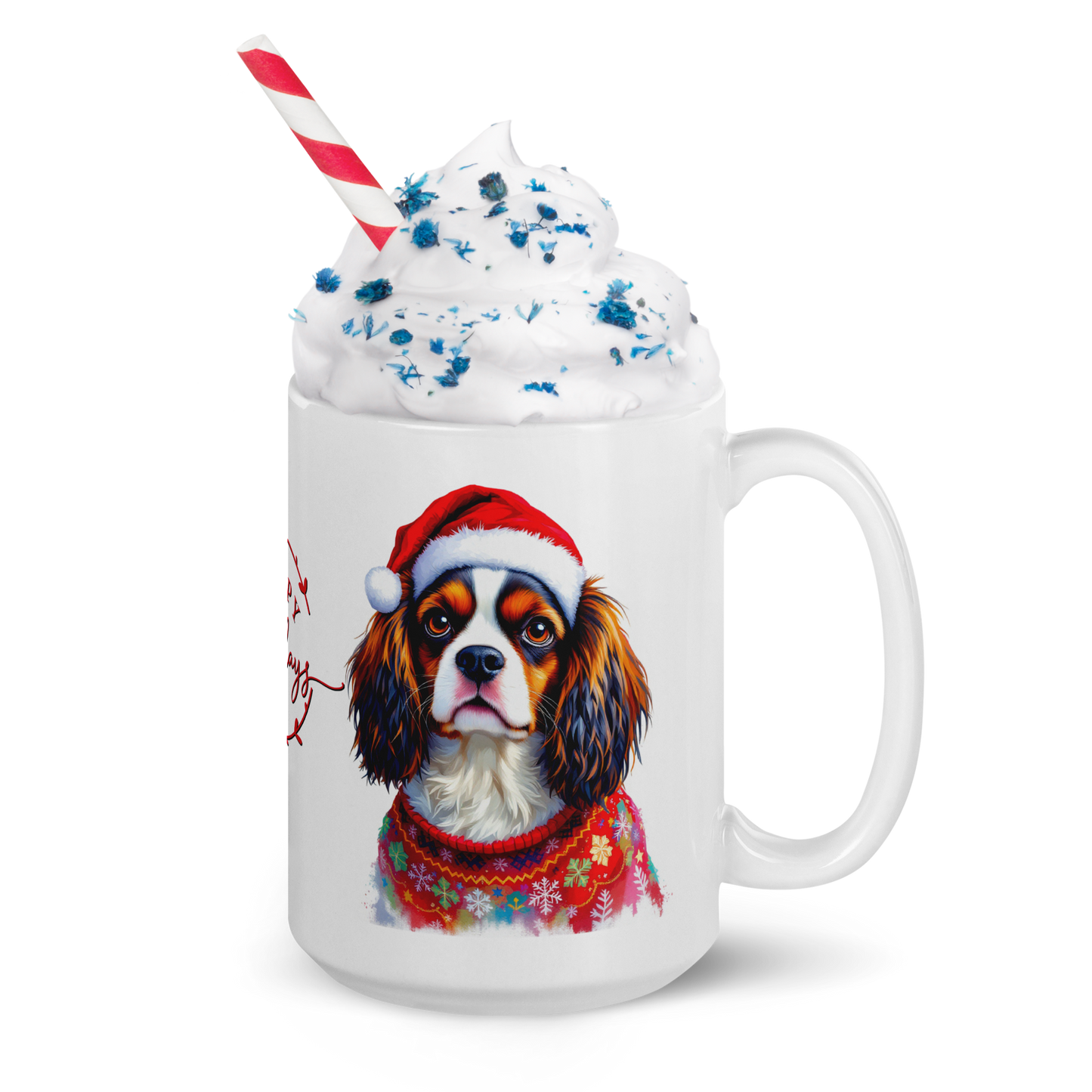 Cavalier King Charles Spaniel Wearing Ugly Christmas Sweater and Santa Hat Glossy White Mug