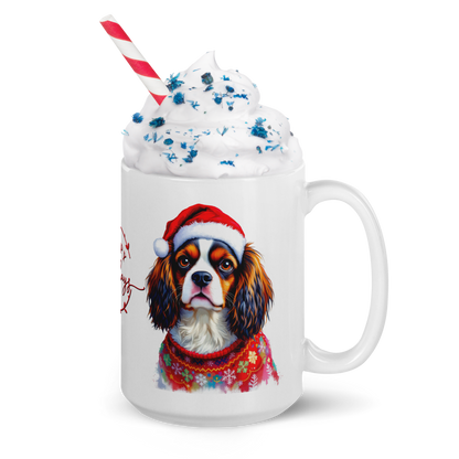 Cavalier King Charles Spaniel Wearing Ugly Christmas Sweater and Santa Hat Glossy White Mug