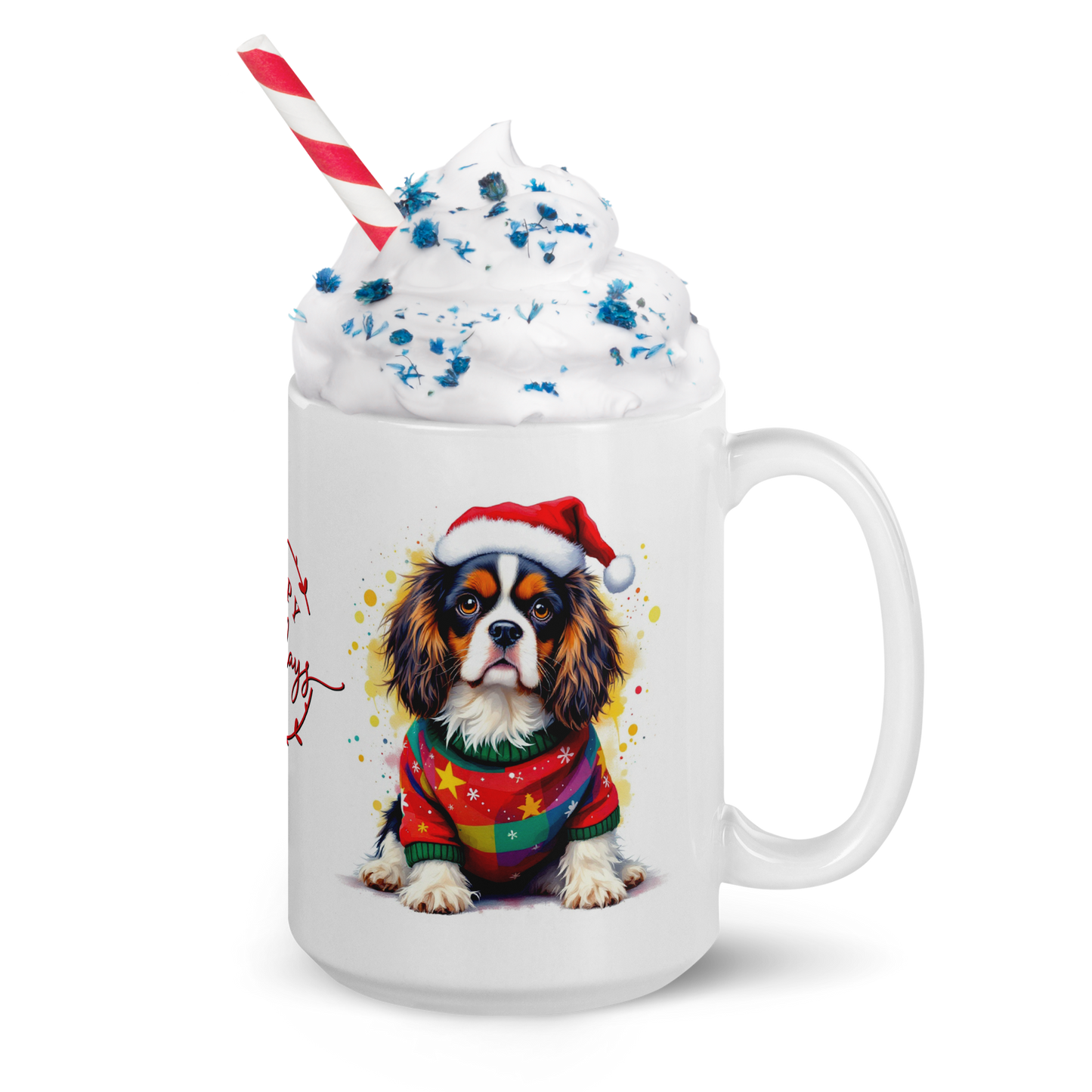 Cavalier King Charles Spaniel Puppy Wearing Ugly Christmas Sweater and Santa Hat Glossy White Mug