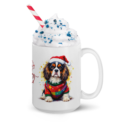 Cavalier King Charles Spaniel Puppy Wearing Ugly Christmas Sweater and Santa Hat Glossy White Mug