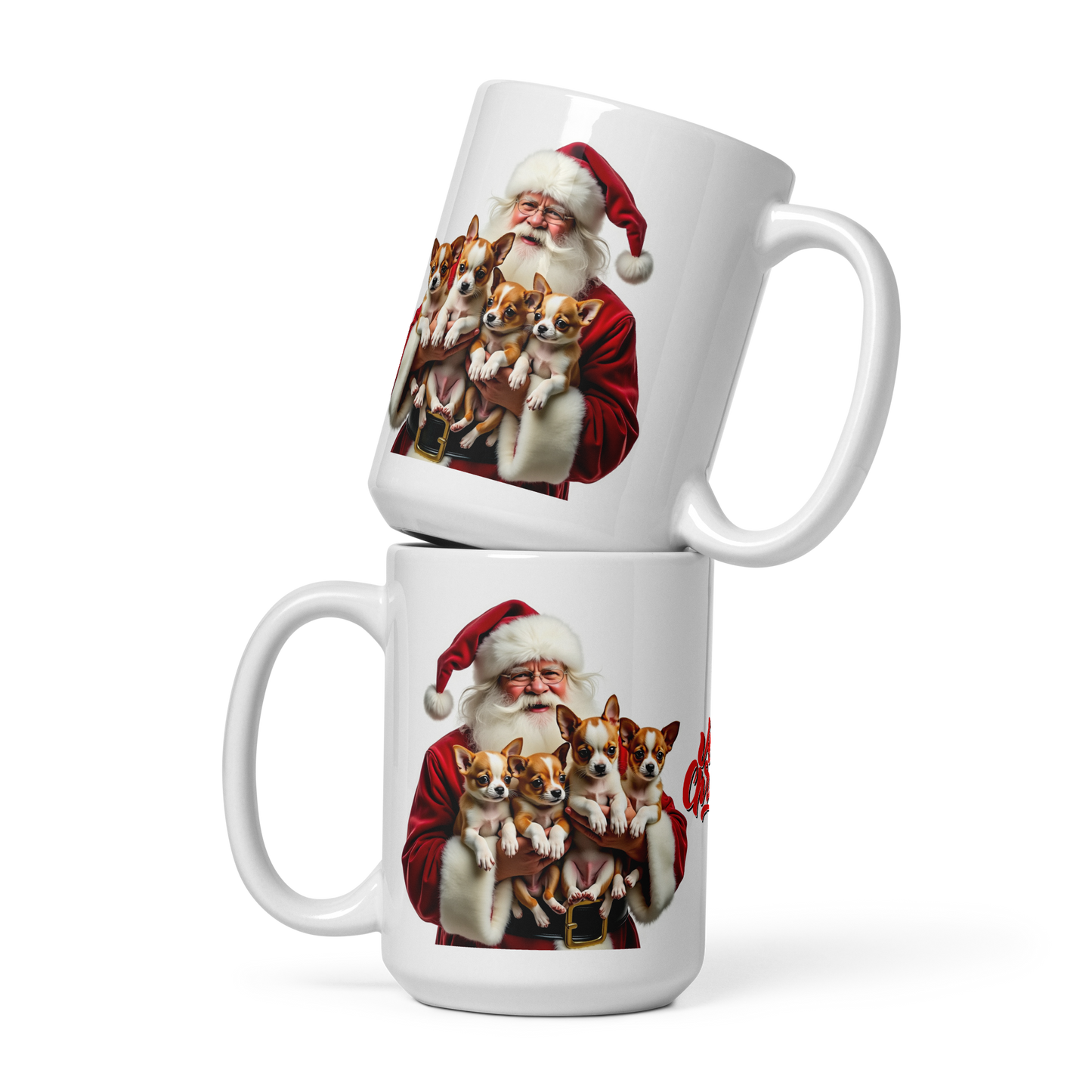 Chihuahua Puppies with Santa Claus Glossy White Mug