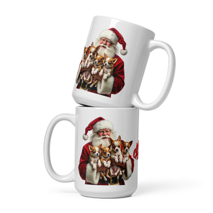 Chihuahua Puppies with Santa Claus Glossy White Mug