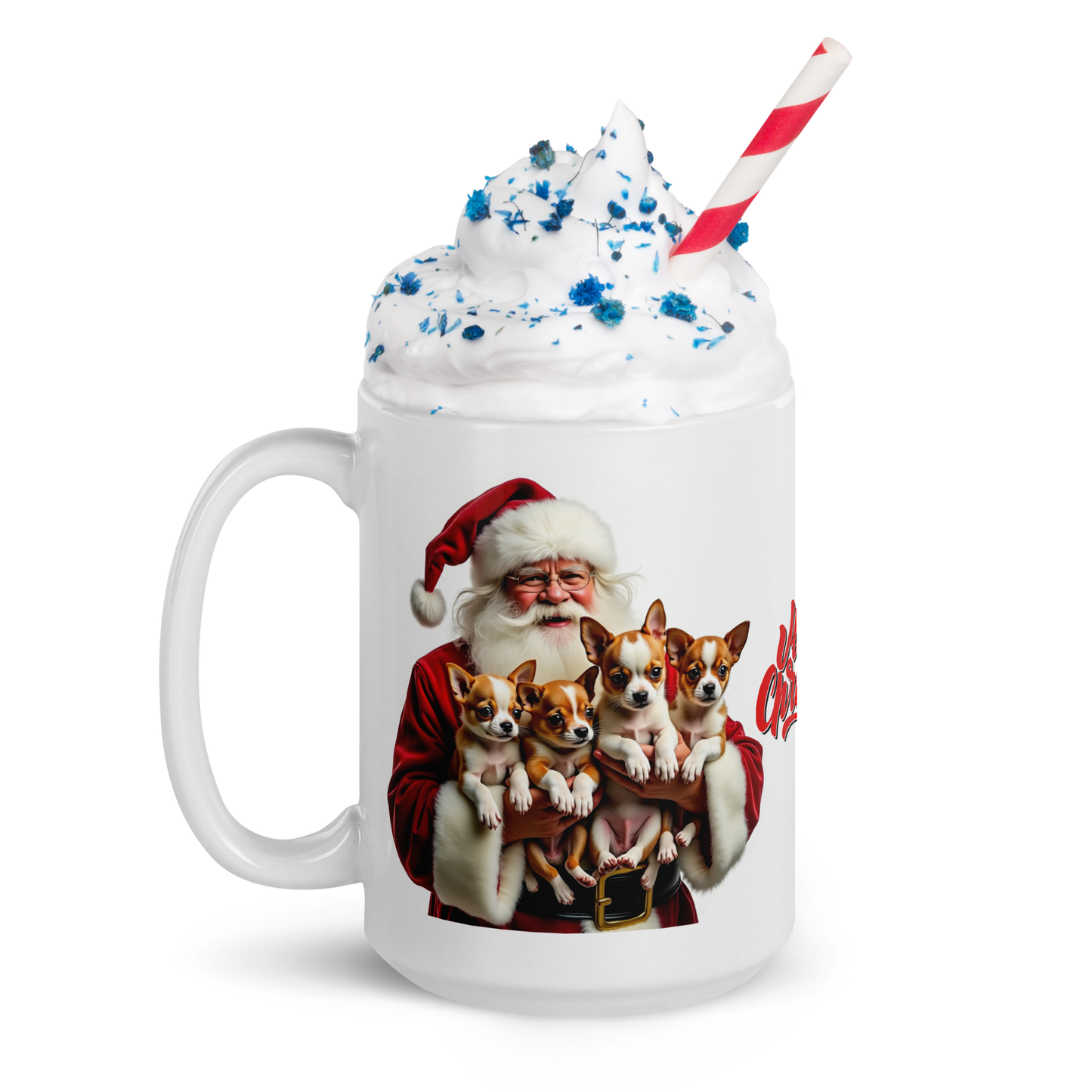 Chihuahua Puppies with Santa Claus Glossy White Mug