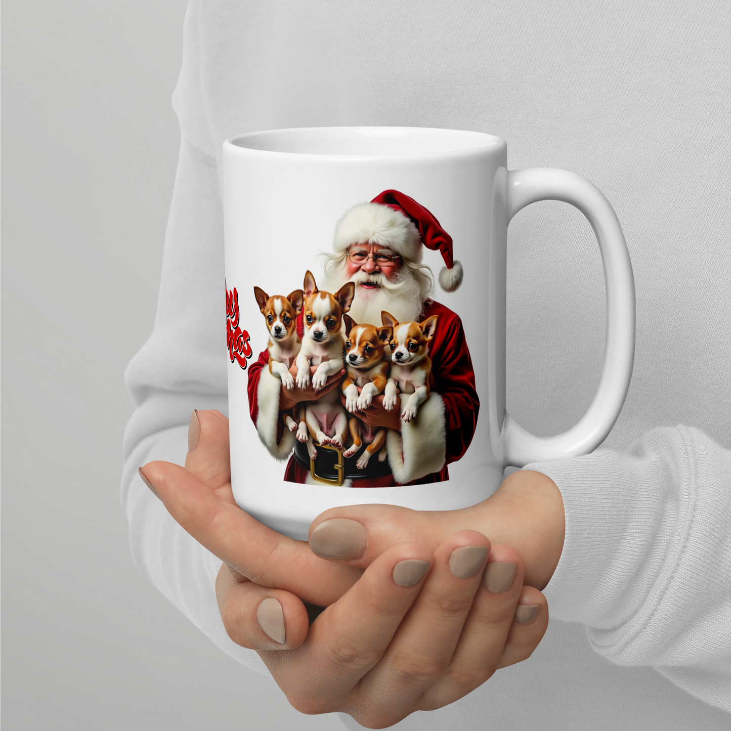 Chihuahua Puppies with Santa Claus Glossy White Mug