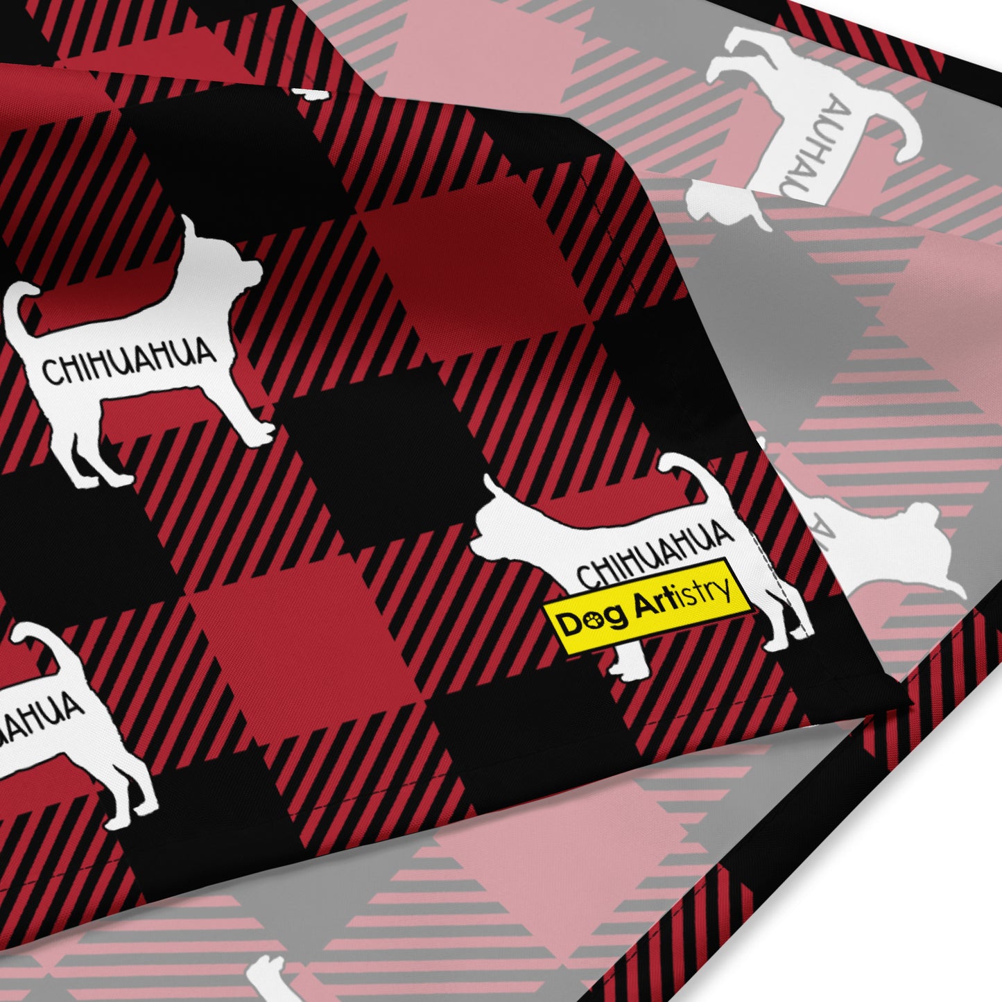 Chihuahua dark red plaid bandana by Dog Artistry. Close up.