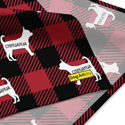 Chihuahua dark red plaid bandana by Dog Artistry. Close up.