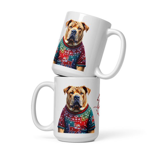 Chinese Shar-Pei Wearing Ugly Christmas Sweater Glossy White Mug