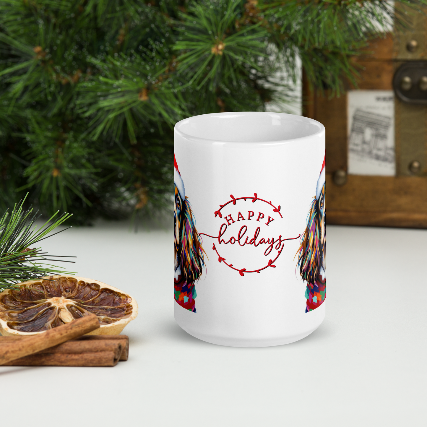 Cocker Spaniel Wearing Ugly Christmas Sweater and Santa Hat Glossy White Mug