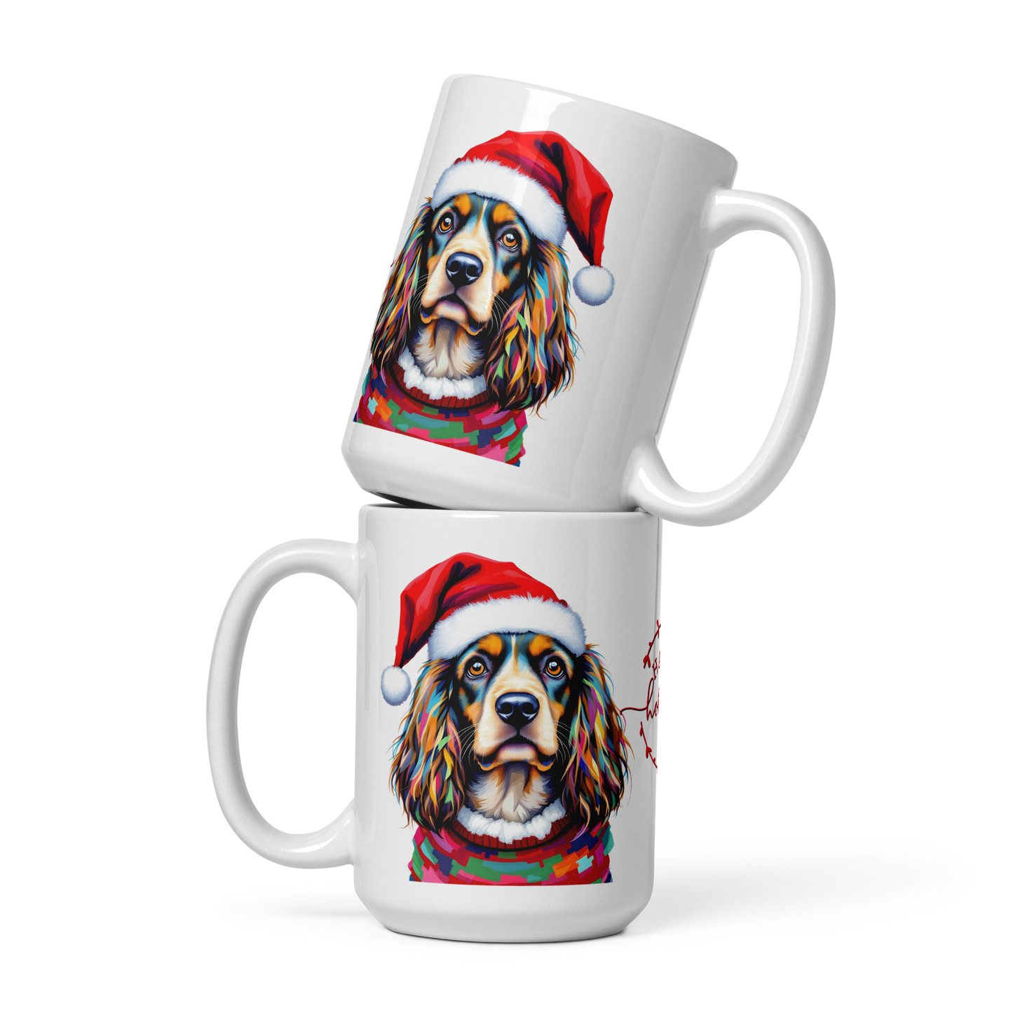 Cocker Spaniel Wearing Ugly Christmas Sweater and Santa Hat Glossy White Mug