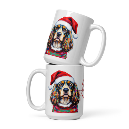 Cocker Spaniel Wearing Ugly Christmas Sweater and Santa Hat Glossy White Mug